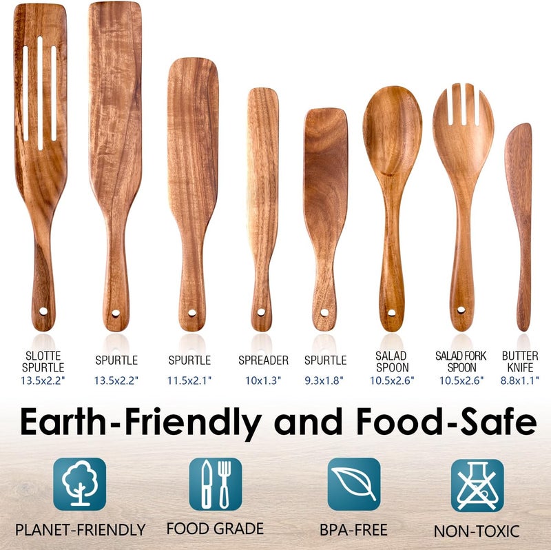 HOWHONG Wooden Spurtle Set for Cooking, Acacia Wood Kitchen Utensils, Premium Handmade Spurtles for Nonstick Cookware, Heat Resistant, Smooth Finish, Comfortable Grip, 8 Piece - Image 2